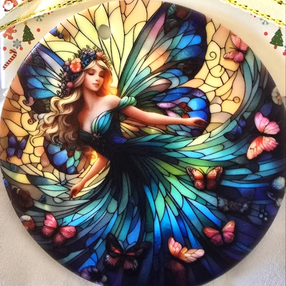 NEW! Colorful Ceramic Fairy Ornament with Butterflies! Absolutley Gorgeous!